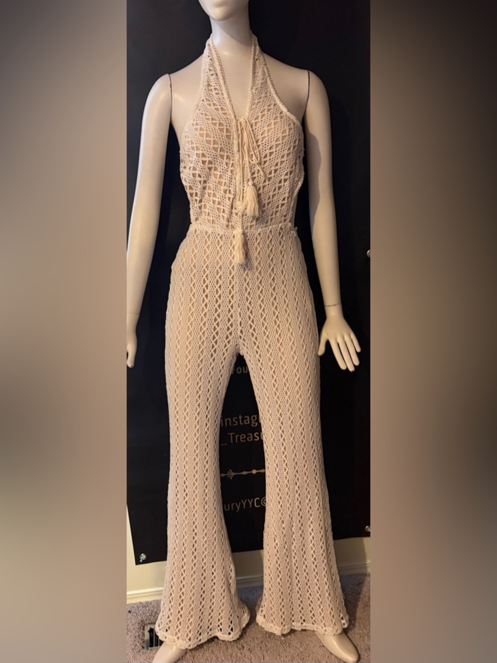 Fashion Nova Cream Crochet Tassel Jumpsuit
